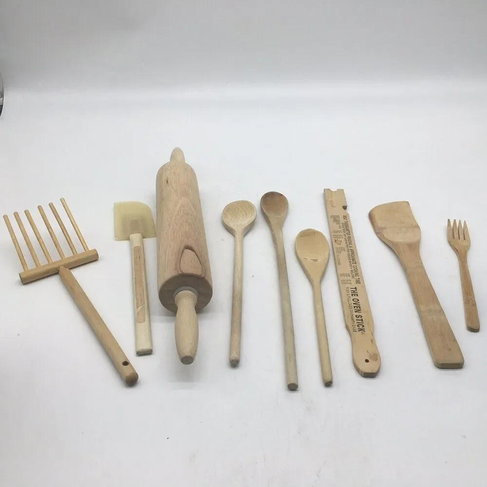 Vtg Lot Of 9 Wooden Kitchen Utensils Fork Wooden spoon Spatula Rolling Pin
